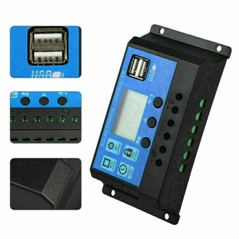 Solar Panel Battery Charge Controller 12/24V LCD Regulator Auto Dual USB